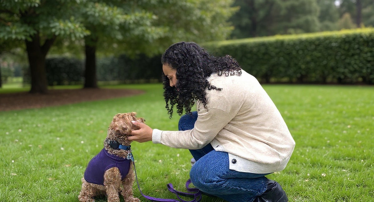 Anissa greeting a dog wearing a purple Public Prep sweater