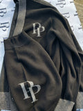 Onyx & Graphite monogram cardigan and matching monogram dog sweater on Public Prep tissue