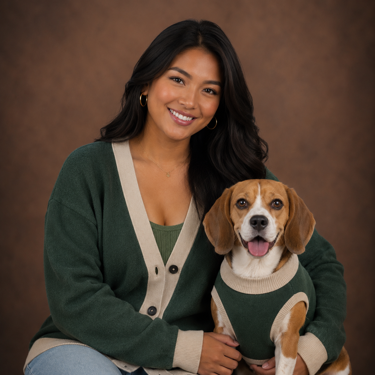 Matching dog and parent set in hunter green and beige from Shop Public Prep, featuring comfortable, coordinated apparel.