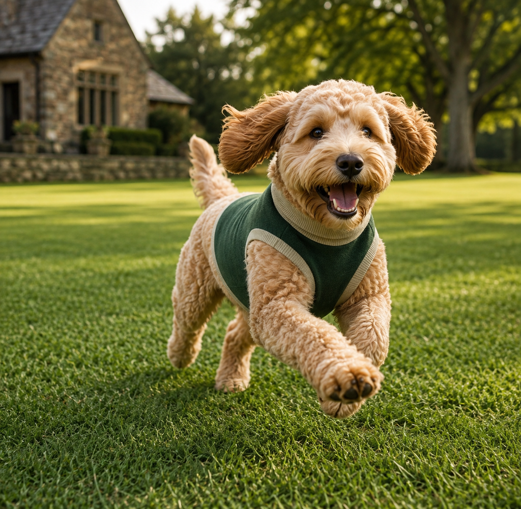Public Pups Classic knitted dog sweater in hunter green and beige, made by Shop Public Prep, featuring cozy knitwear for small dogs.