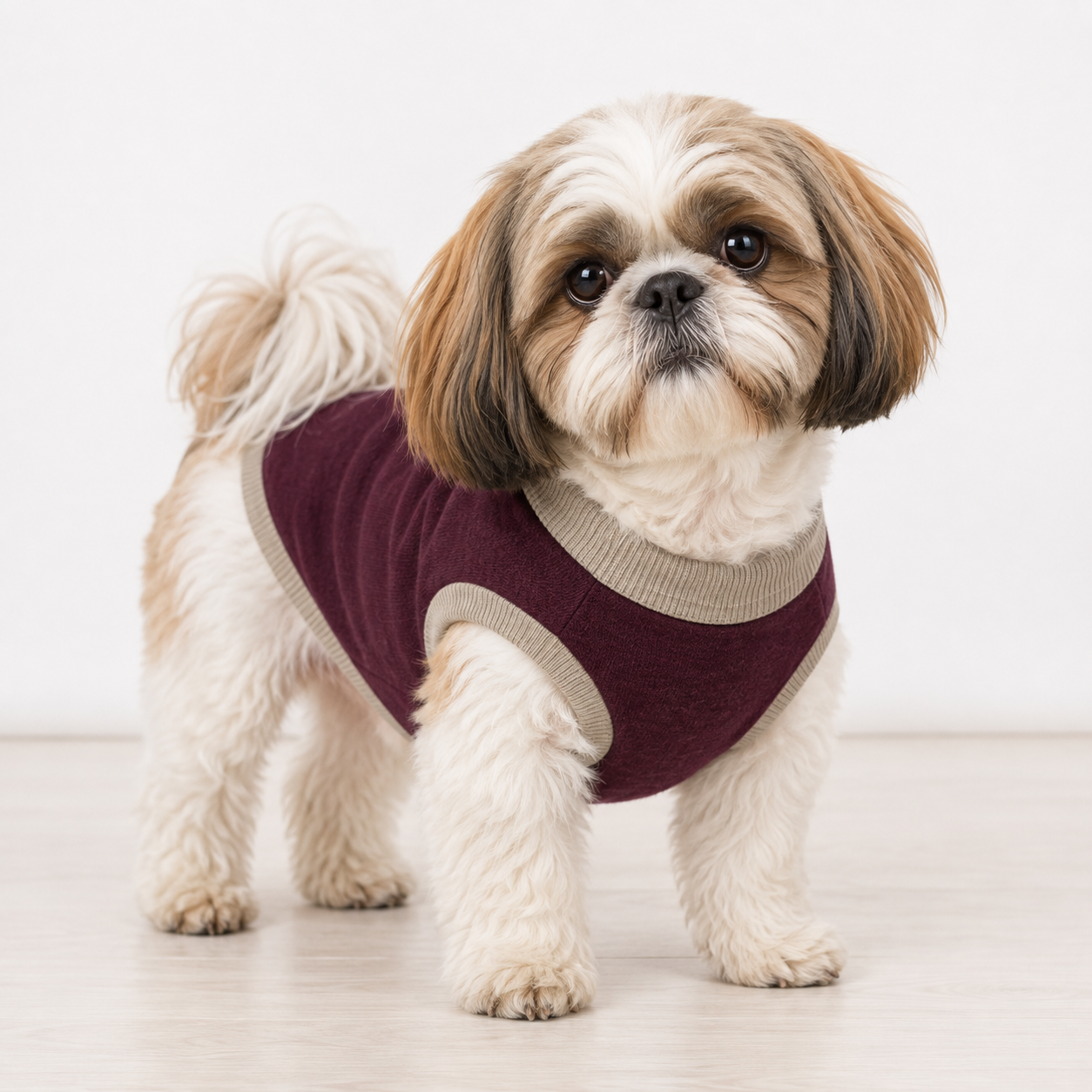 Public Pups Classic Knitted Dog Sweater in Maroon and Taupe - front studio view on Shih Tzu