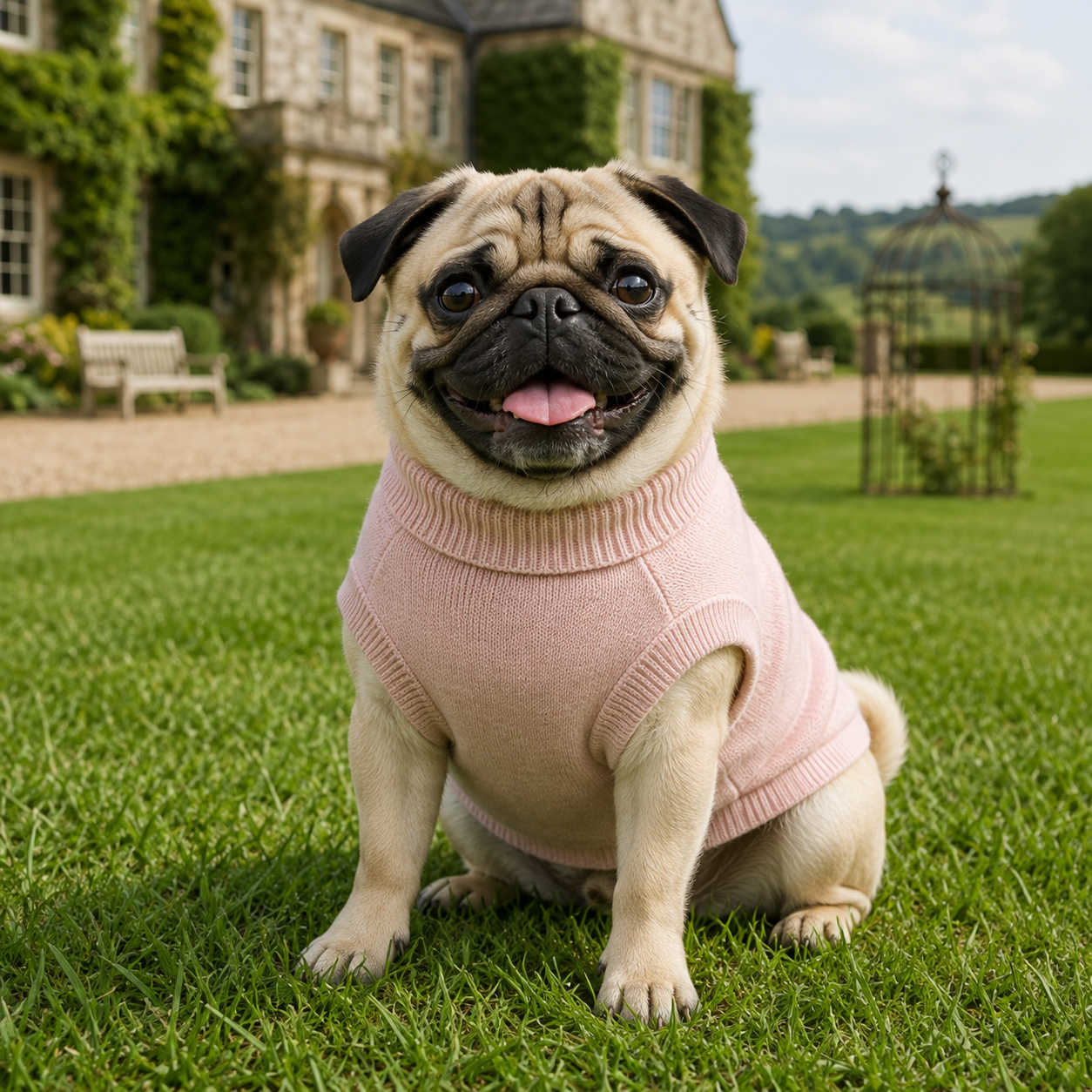Public Pups Classic Knitted Dog Sweater - Pink Pug Lifestyle
