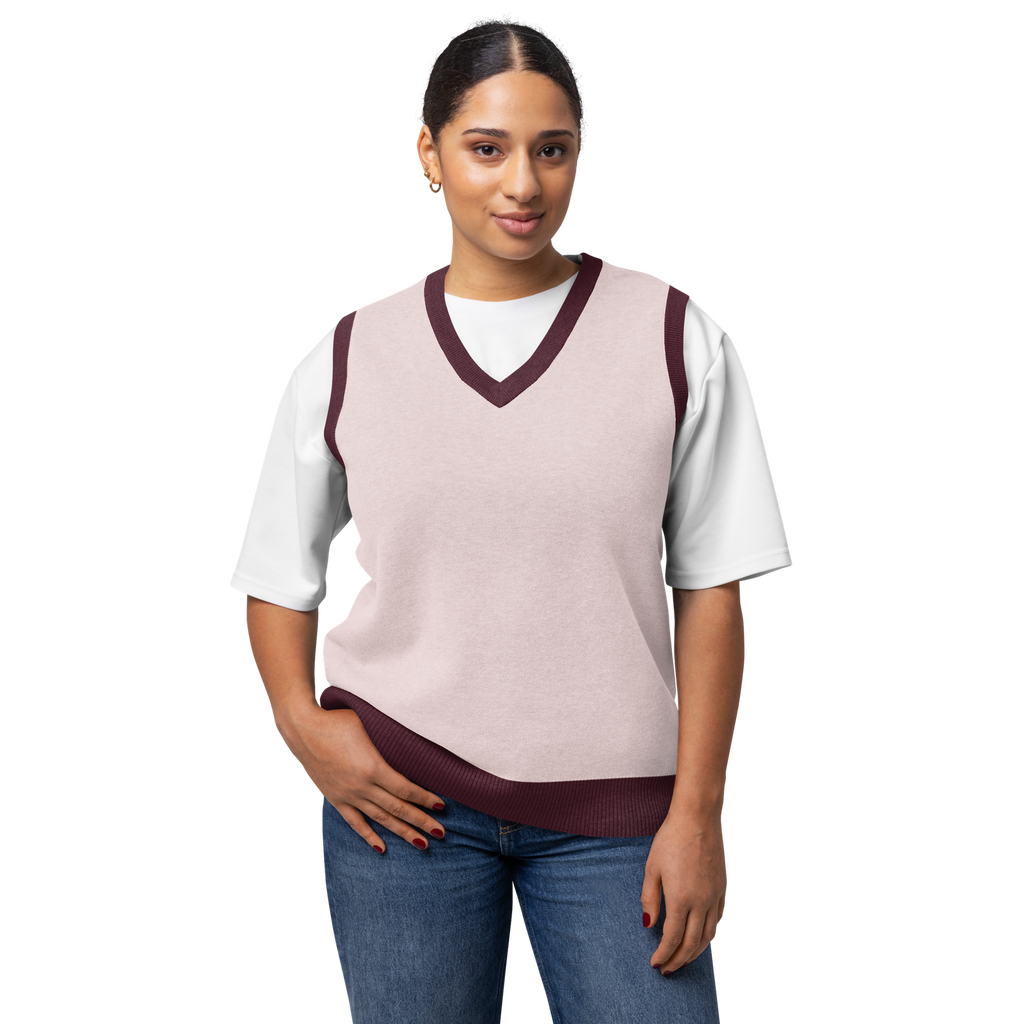 Public Prep preppy knitwear sweater vest in strawberry and plum colors, featuring a classic design and ribbed neckline.