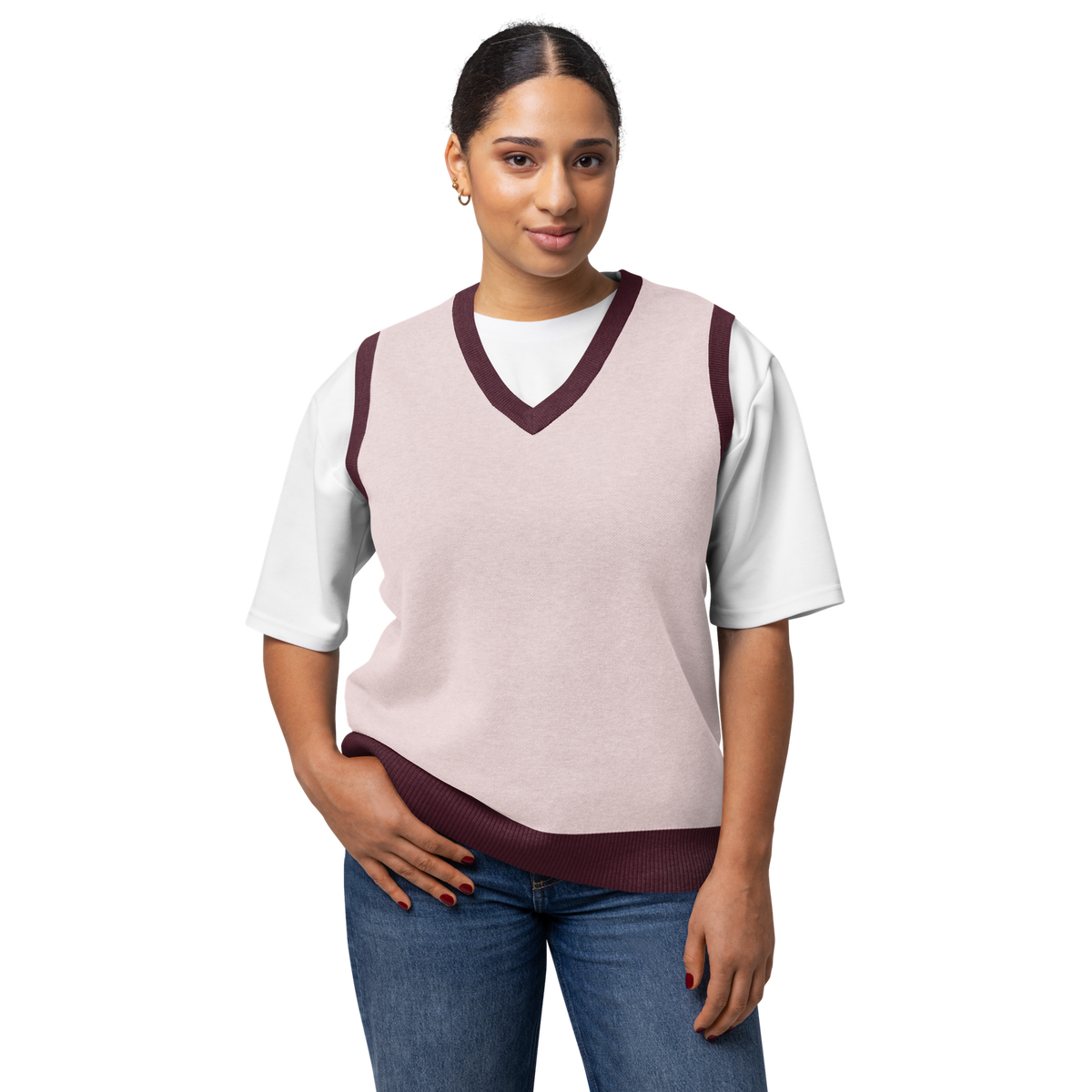 Public Prep preppy knitwear sweater vest in strawberry and plum colors, featuring a classic design and ribbed neckline.