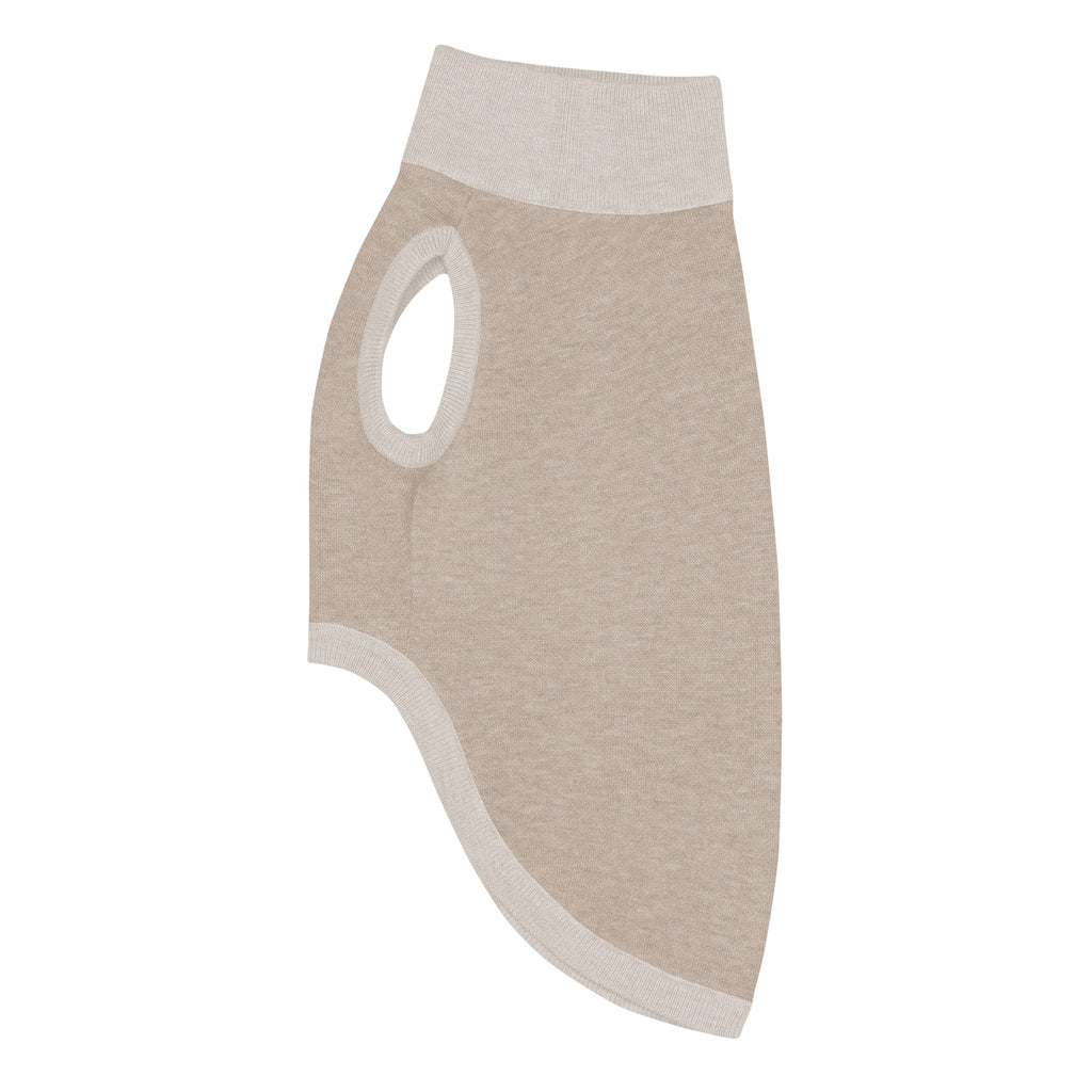 Flat side view of 2XS knitted dog sweater showing ribbed trim