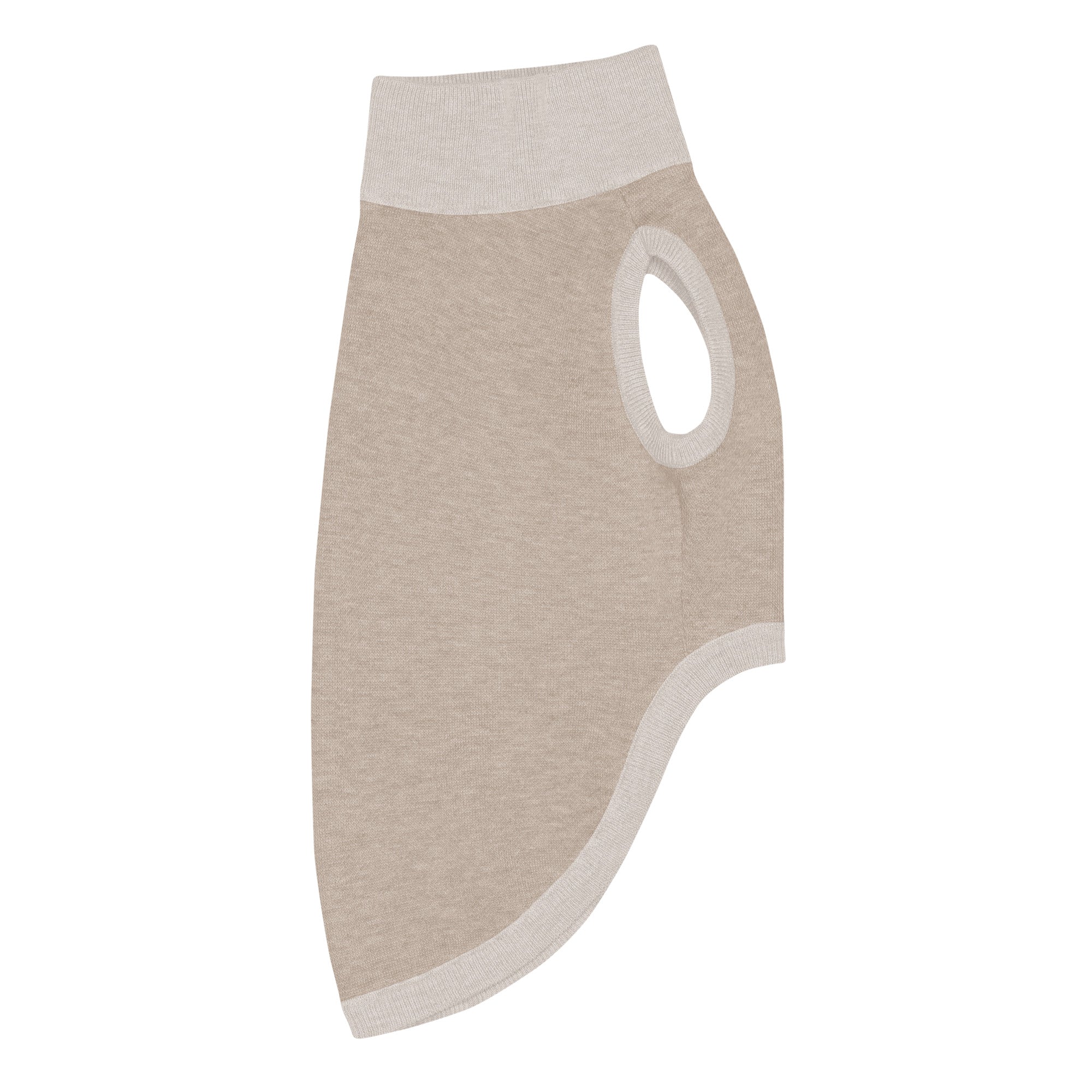 Flat profile view of knitted dog sweater in Coco & Cream