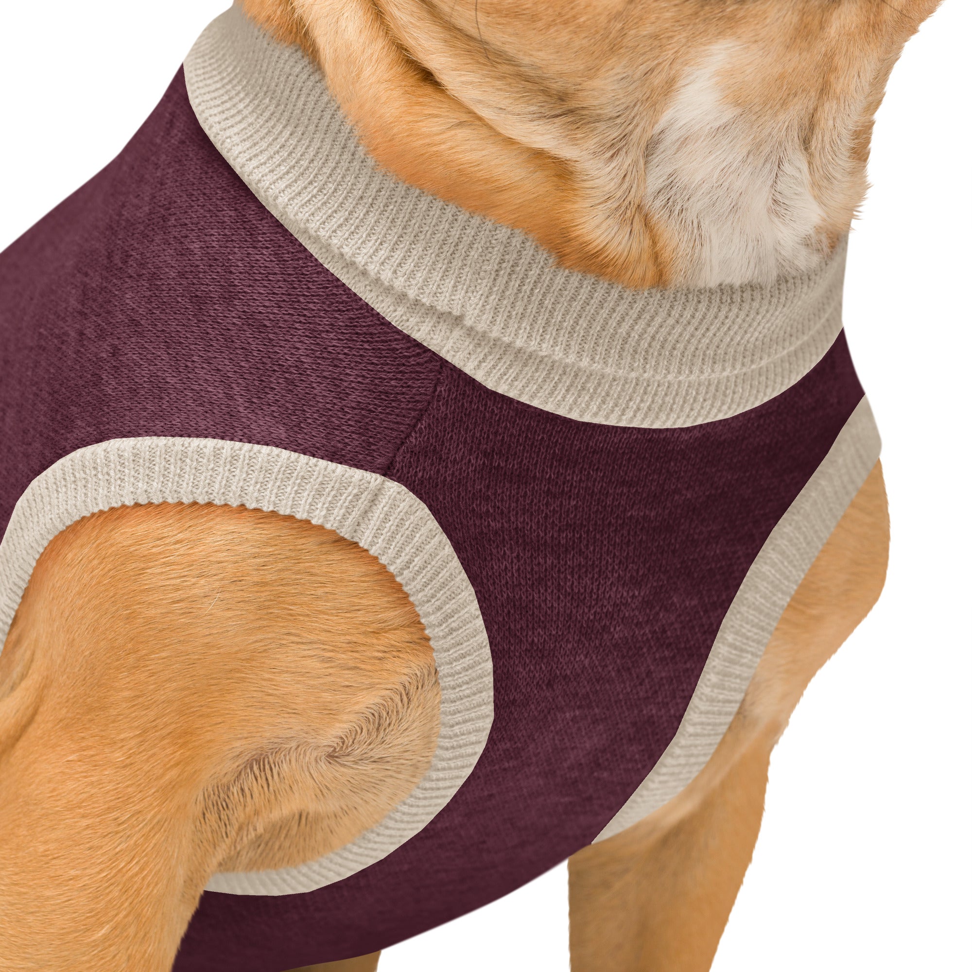Public Pups Classic Knitted Dog Sweater in Maroon and Taupe - top angle detail view