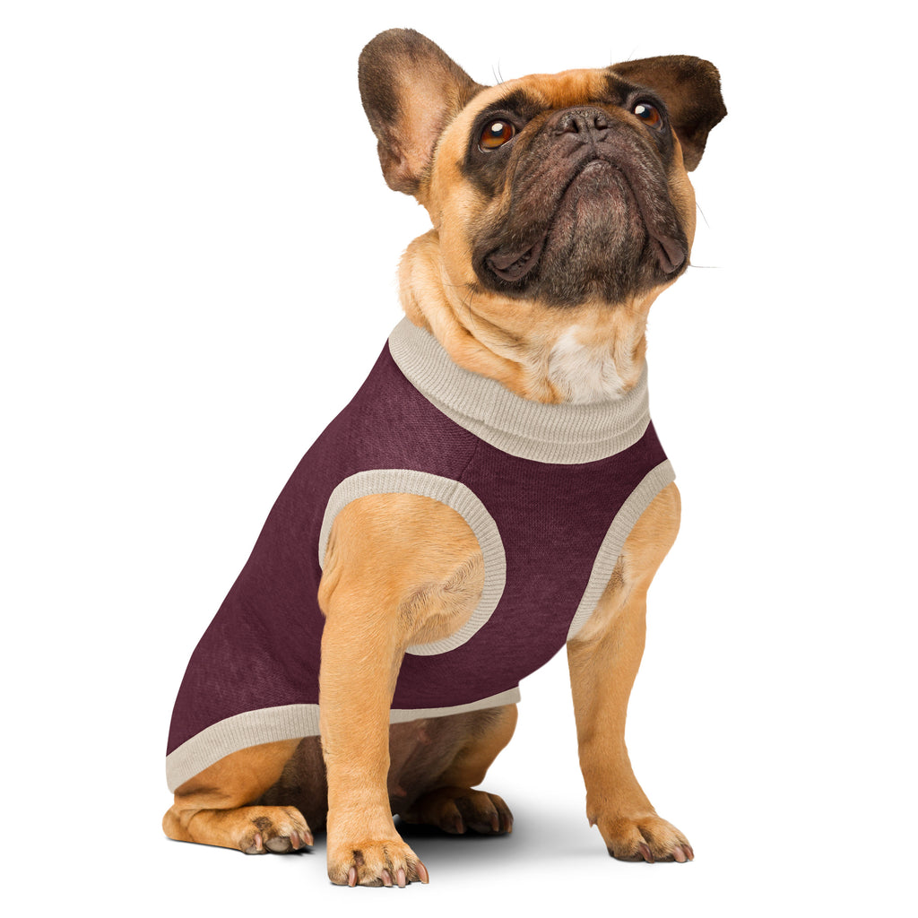Public Pups Classic Knitted Dog Sweater in Maroon and Taupe - three-quarter front view