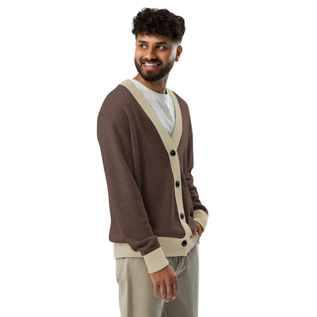 Packmates Brown & Cream set: parent cardigan on model