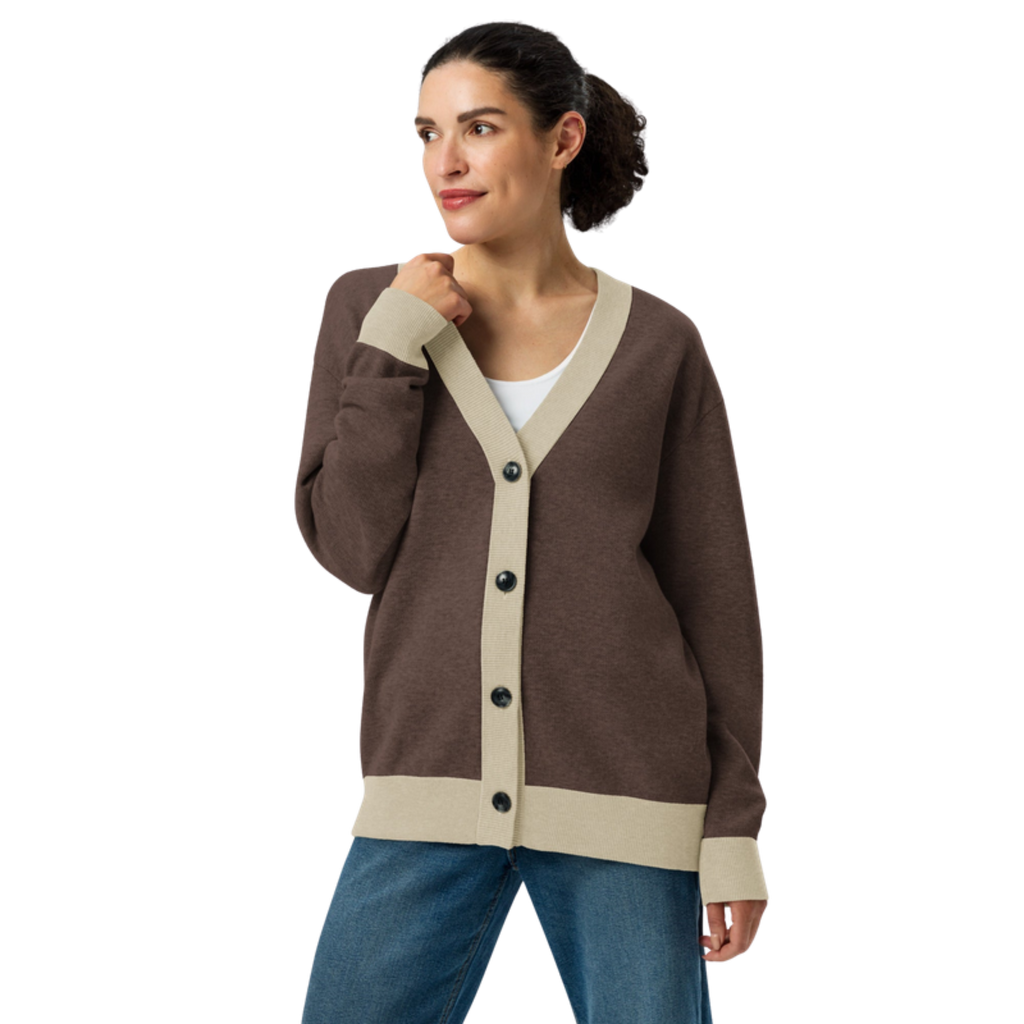 Packmates Brown & Cream set: parent cardigan on model, front view