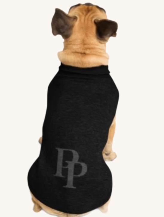 Public Pups Preppy Dog Sweater in Onyx & Graphite, back view showing the PP monogram