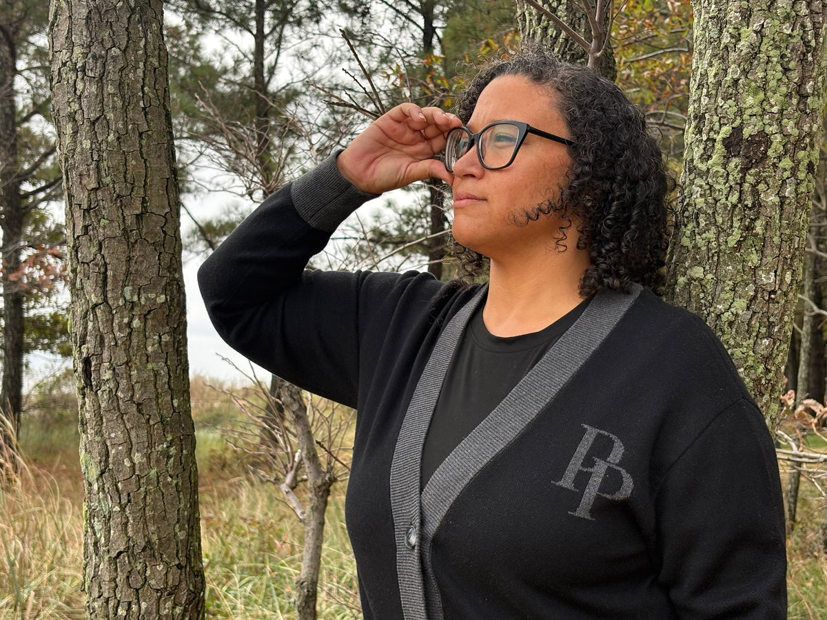 Onyx and graphite monogram cardigan portrait among pines