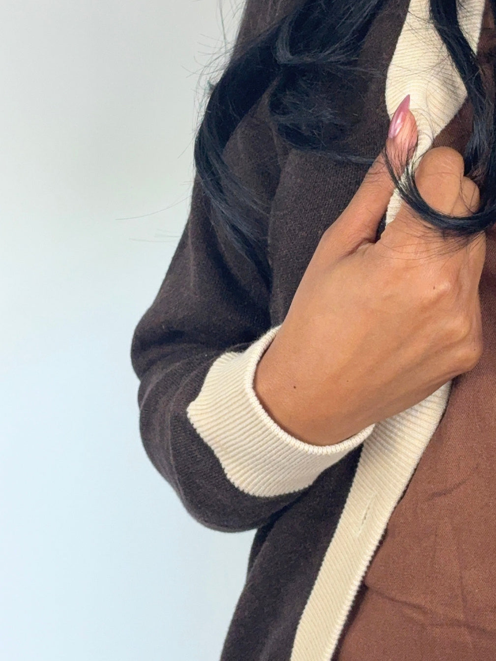 Cream ribbed cuff and front trim of the Public Prep Preppy Cardigan in Brown & Cream