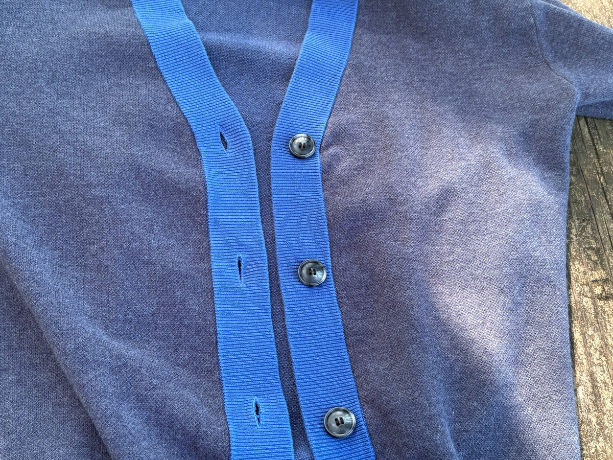 Public Prep navy and collegiate blue cardigan full front flat lay showing contrast trim and buttons