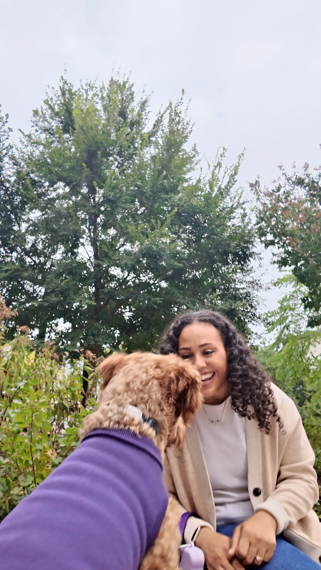 Model in the Sand & Ivory cardigan with Bennie the Yorkie Poo in the Clubhouse Purple dog sweater