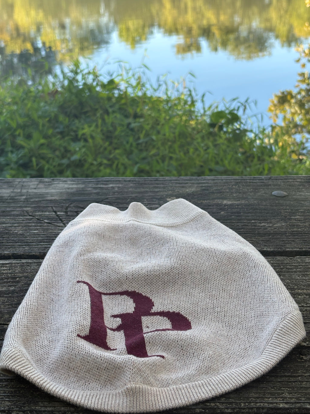 Public Pups Preppy Dog Sweater in Chai & Crimson, cream with a crimson PP monogram