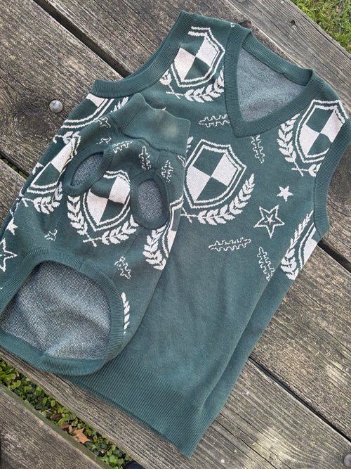 Green crest dog sweater laid on the matching sweater vest