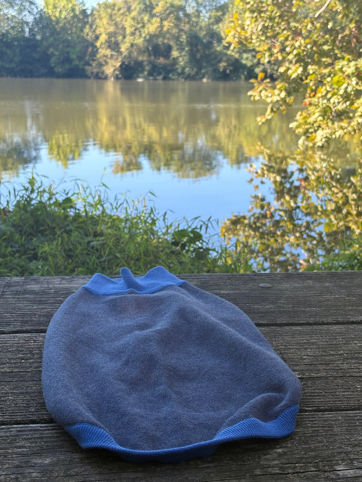 Public Pups Preppy Dog Sweater in Navy & Collegiate Blue, laid flat by the lake