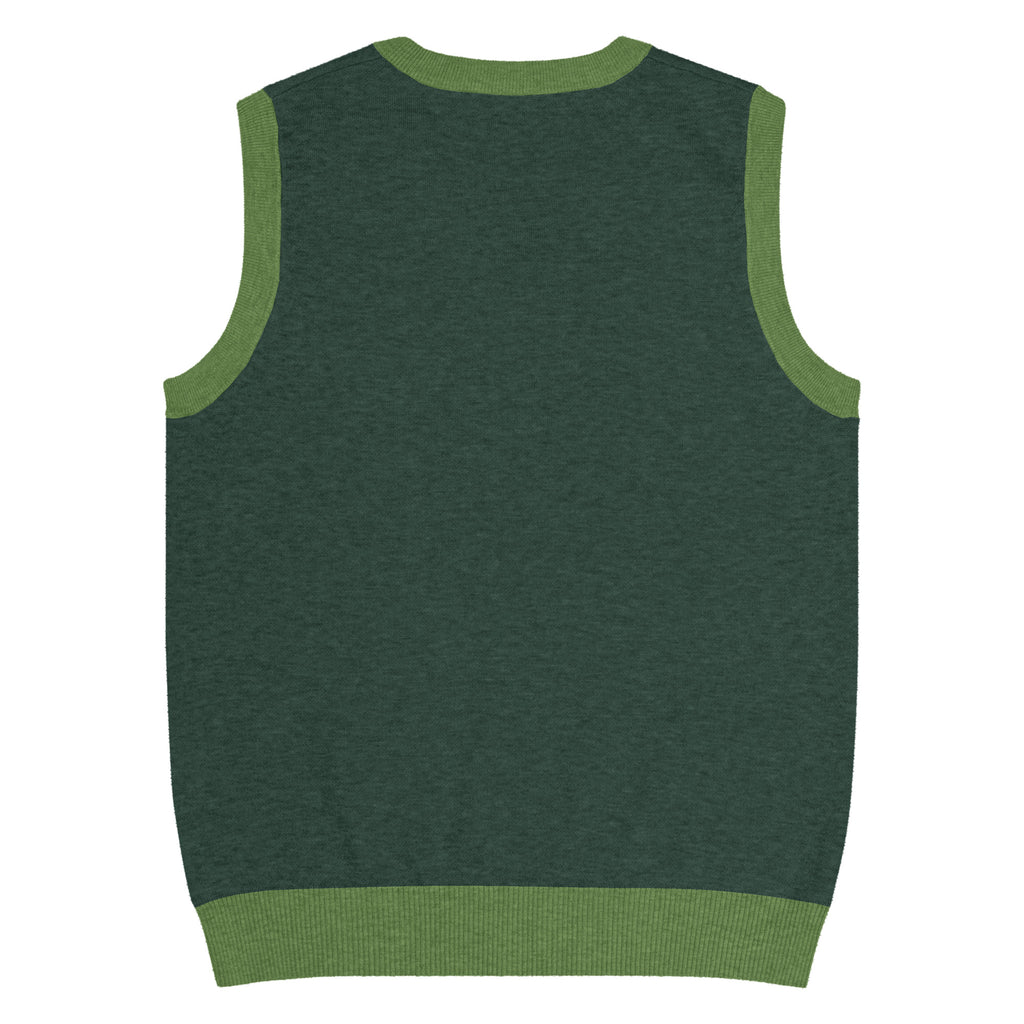 Flat lay back view of knit V-neck vest in pine green