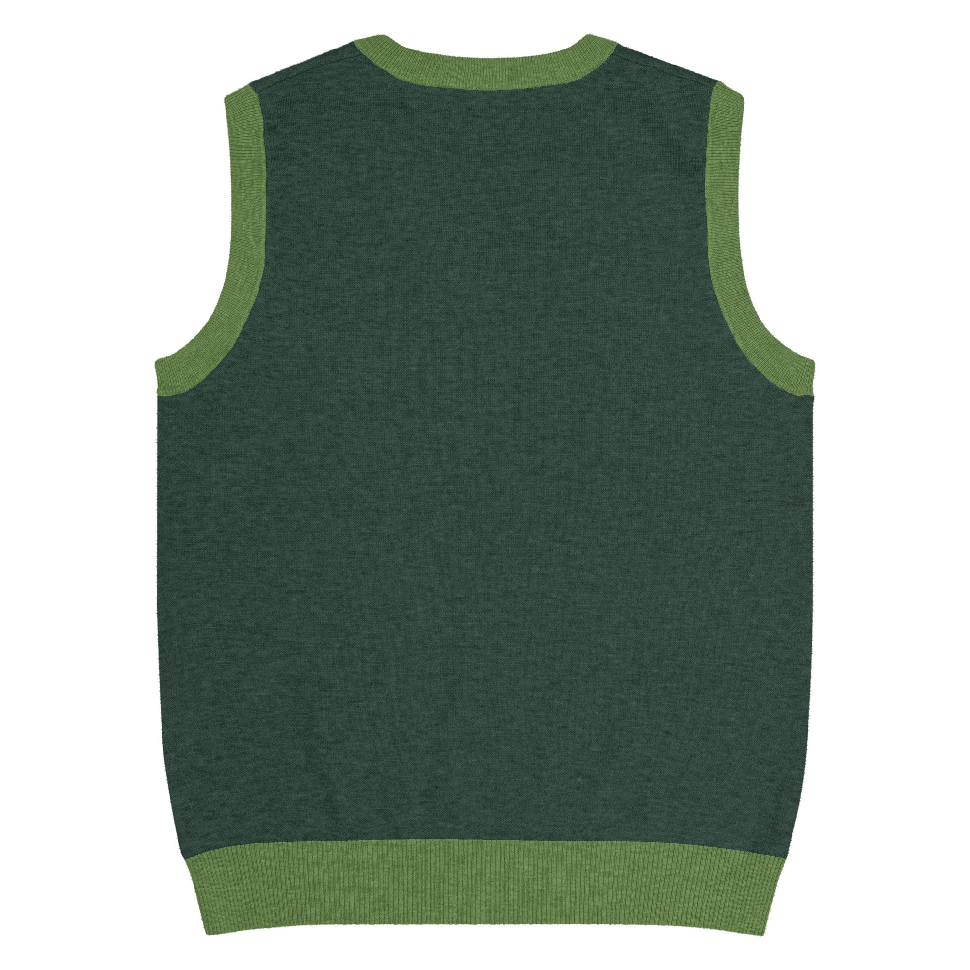 Flat lay back view of knit V-neck vest in pine green