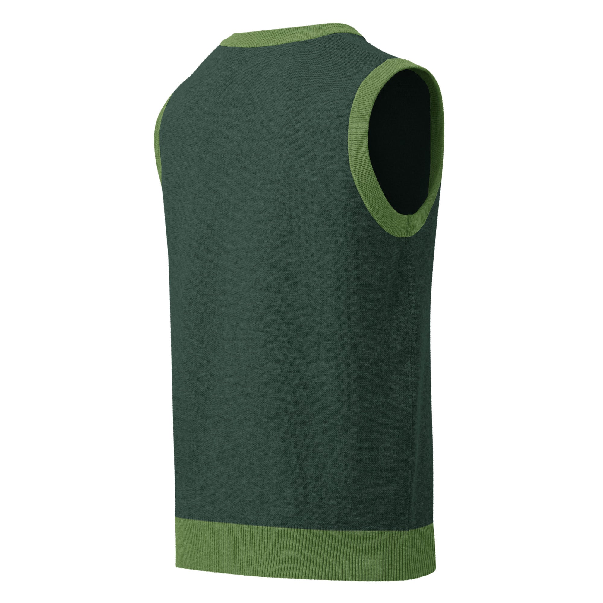 Unisex knitted V-neck vest back view in pine green