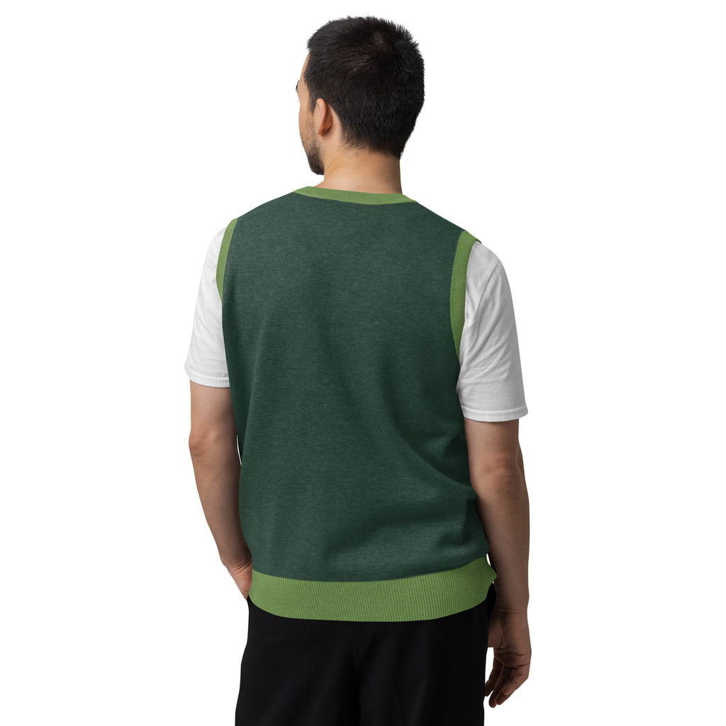 Male model wearing pine green knit V-neck vest back view