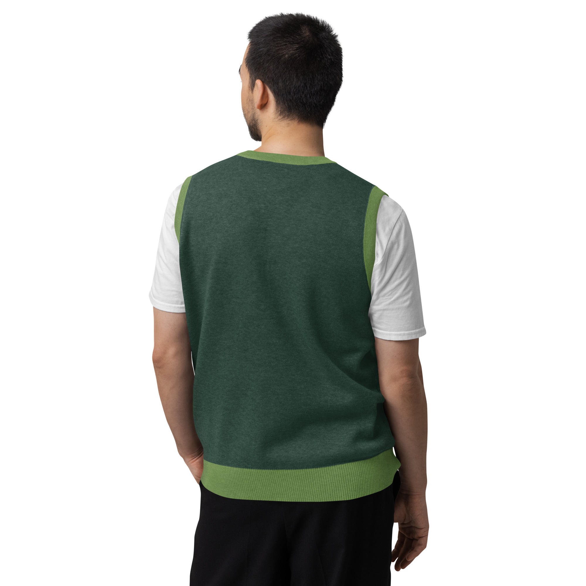 Male model wearing pine green knit V-neck vest back view