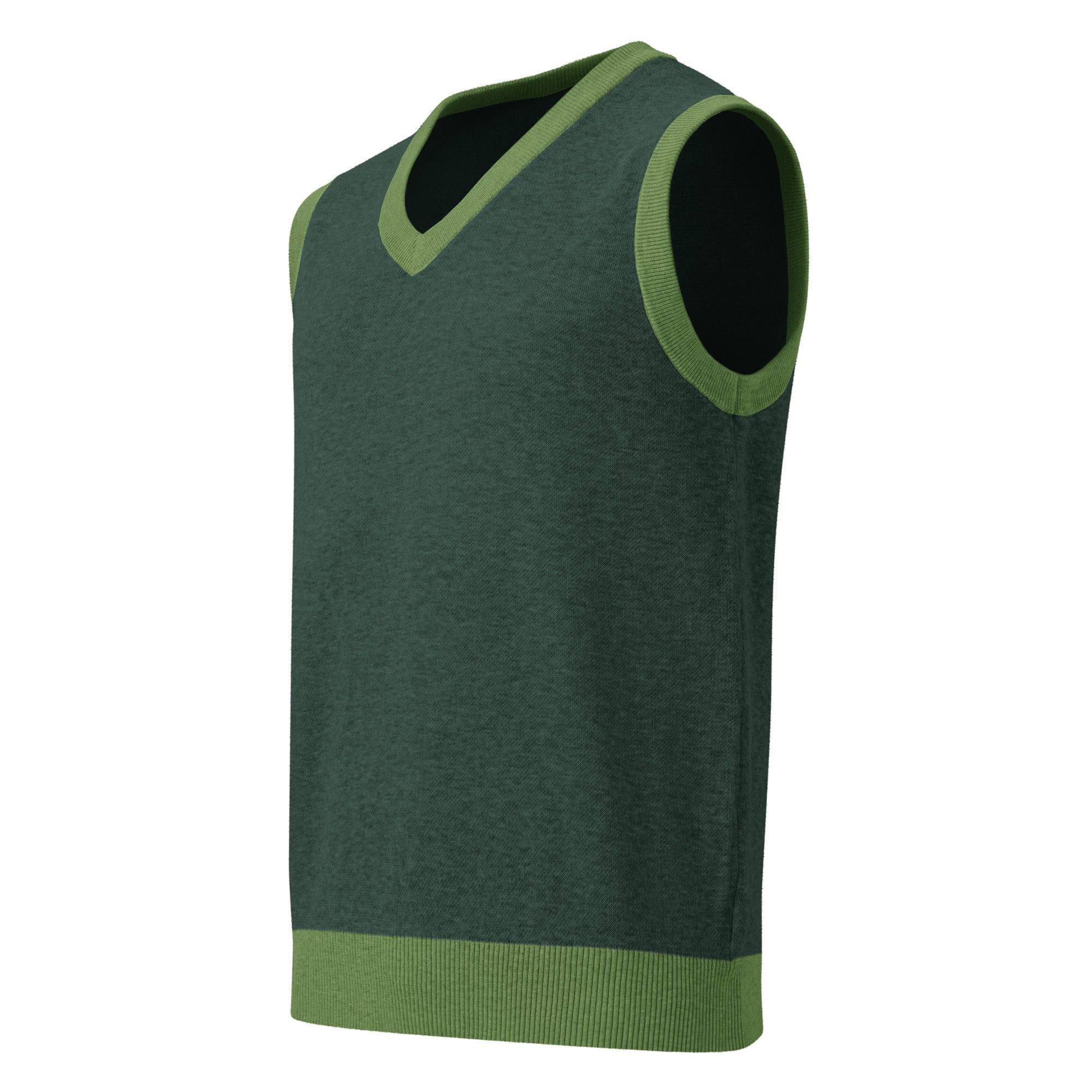 Unisex knitted V-neck vest front view in pine green with grass green trim
