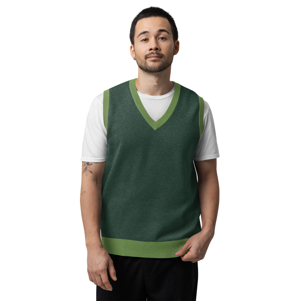 Male model wearing pine green knit V-neck vest front view