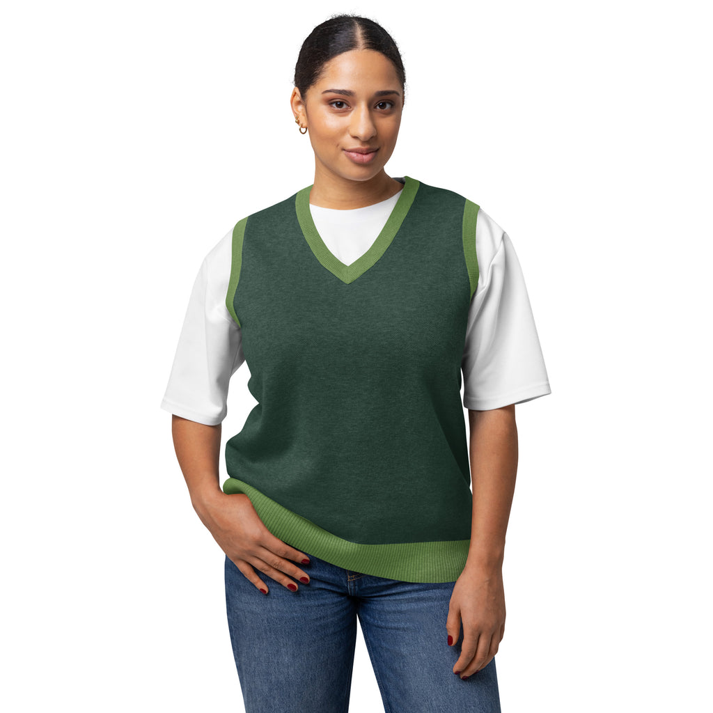 Female model wearing pine green knit V-neck vest front view