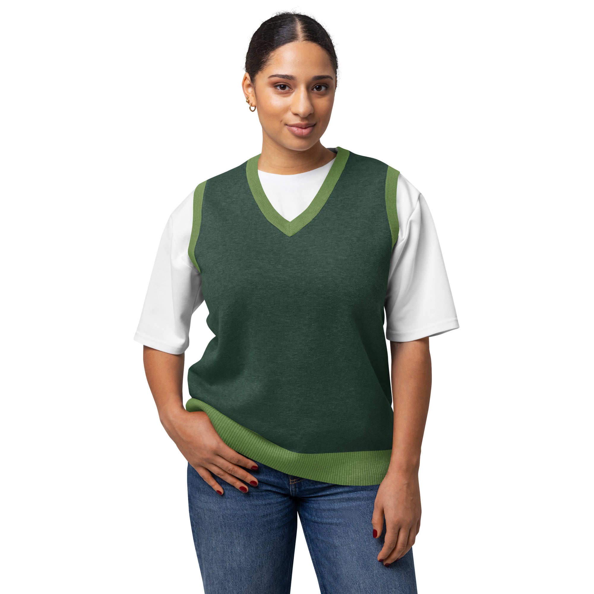 Female model wearing pine green knit V-neck vest front view