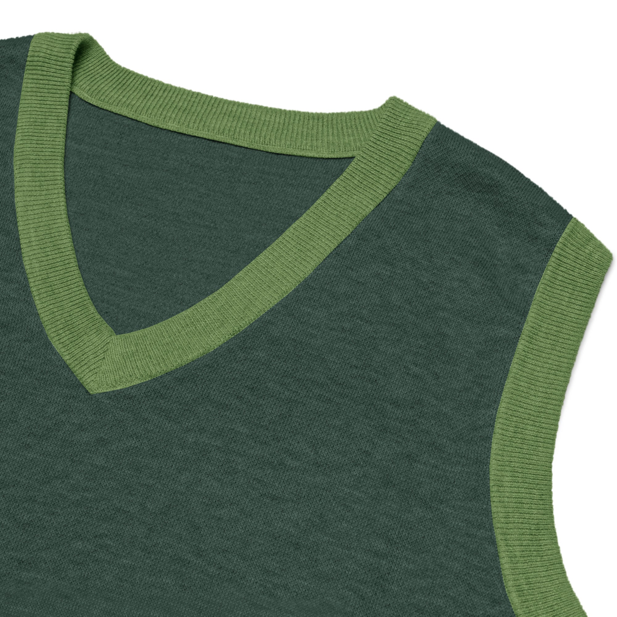 Close-up detail of V-neck collar and contrast trim knitwear