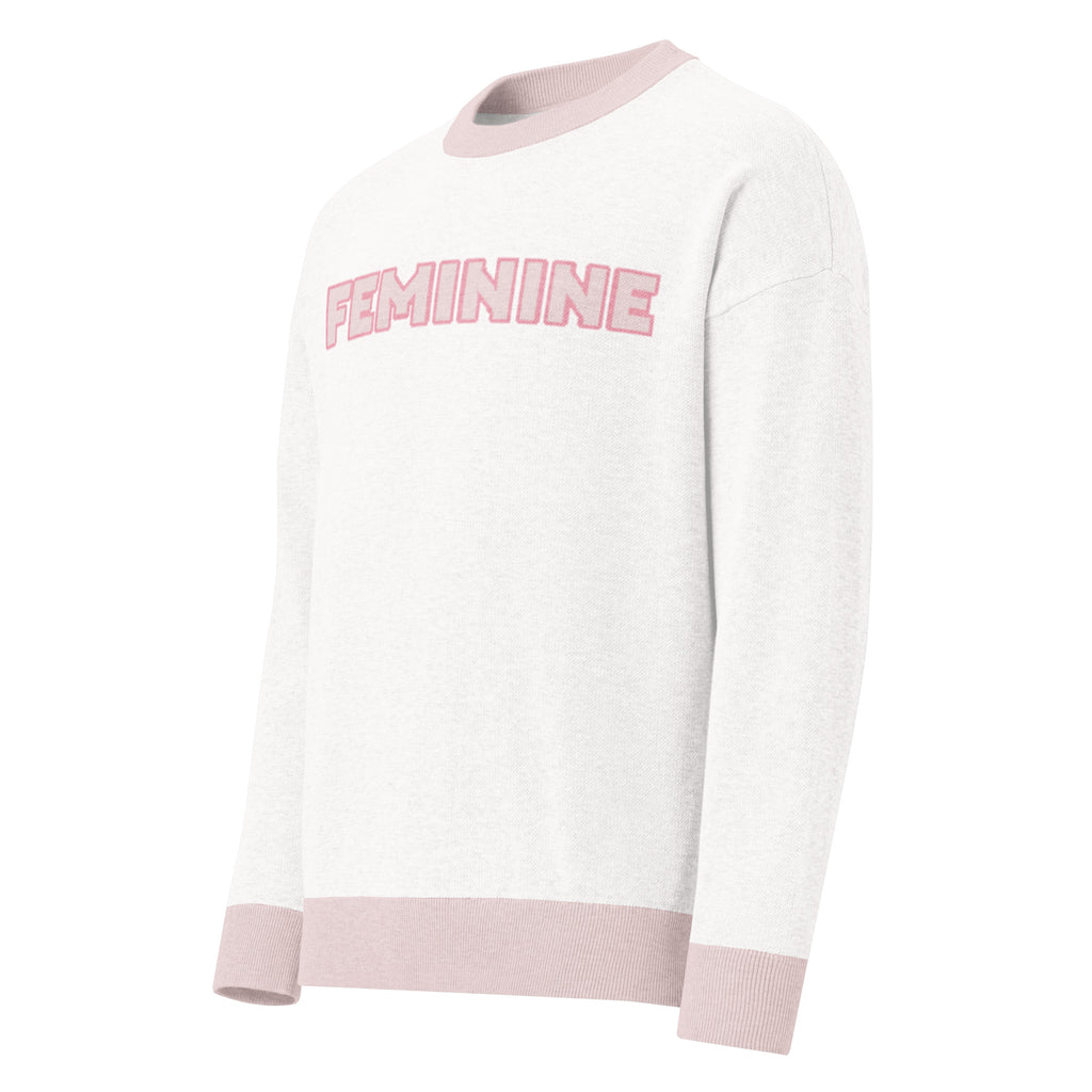 "Feminine" Relaxed Fit Knitted Crew Neck Sweater - Studio Front View