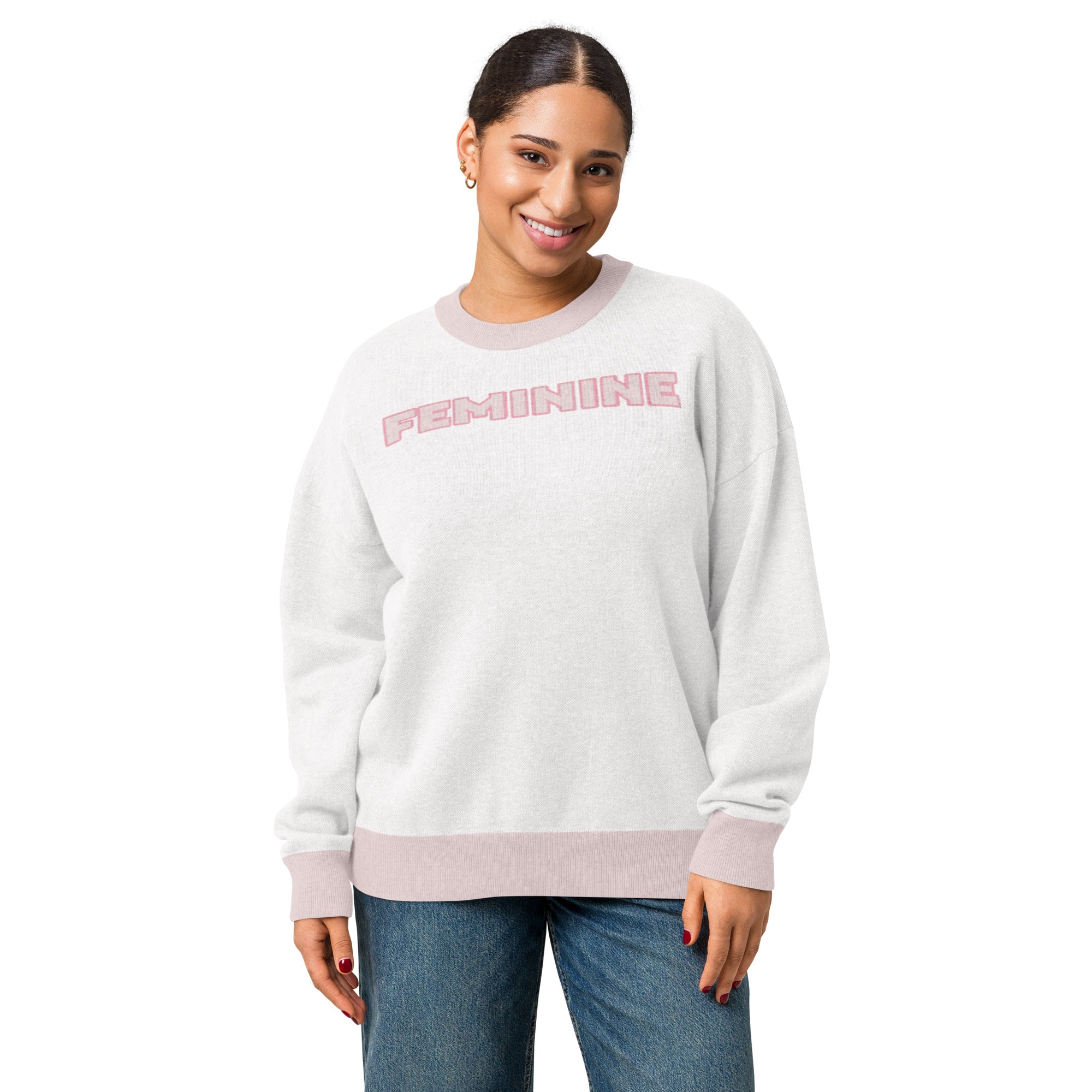 "Feminine" Relaxed Fit Knitted Crew Neck Sweater - Model Front View