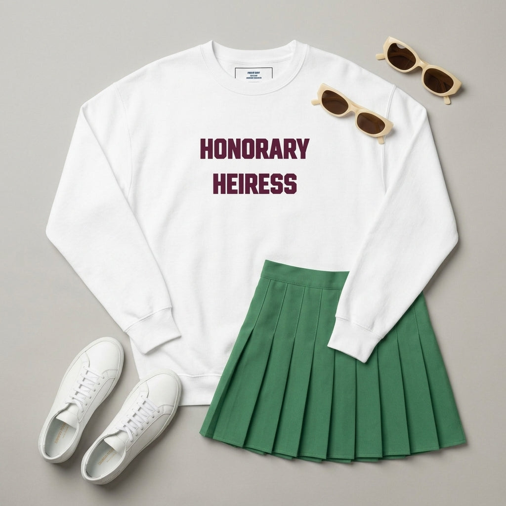 White Honorary Heiress pullover styled with tennis skirt and retro sunglasses