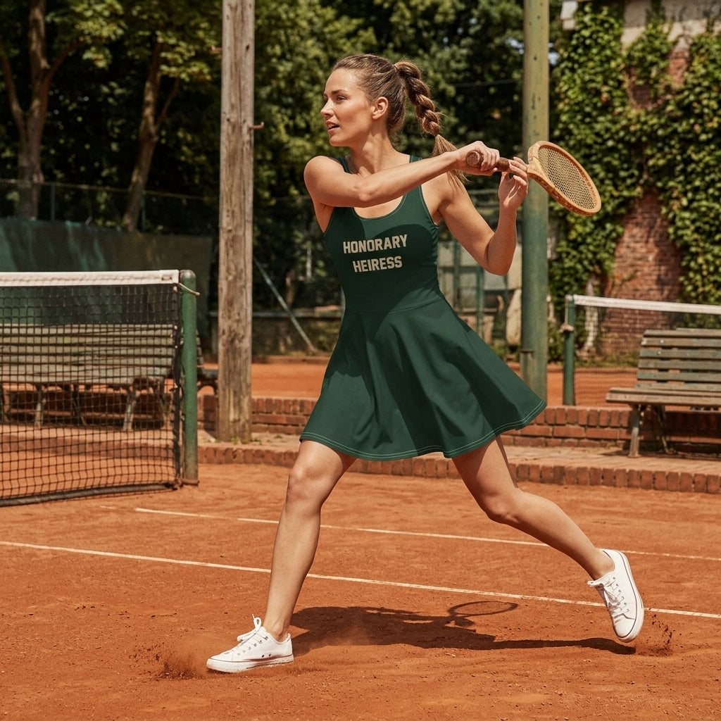 Model playing tennis in the forest green Honorary Heiress tennis dress on a sunny court