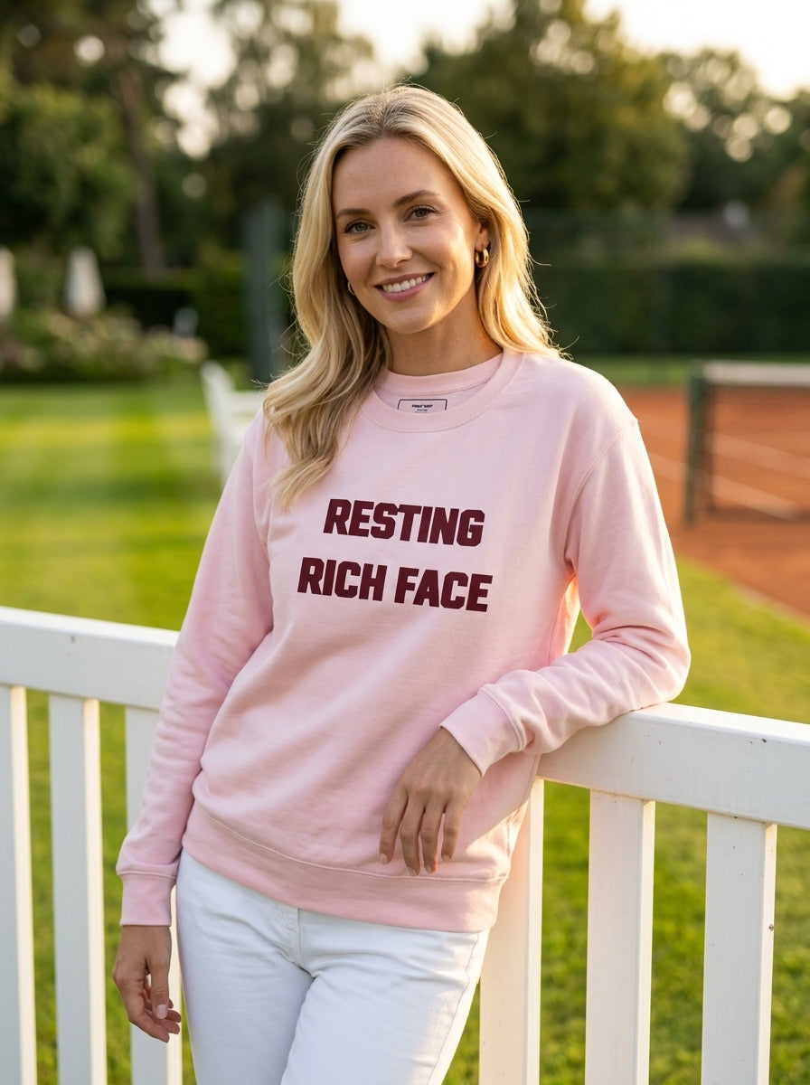 Resting Rich Face™ Country Club Crewneck - Elegant Model Tennis Court Lifestyle View