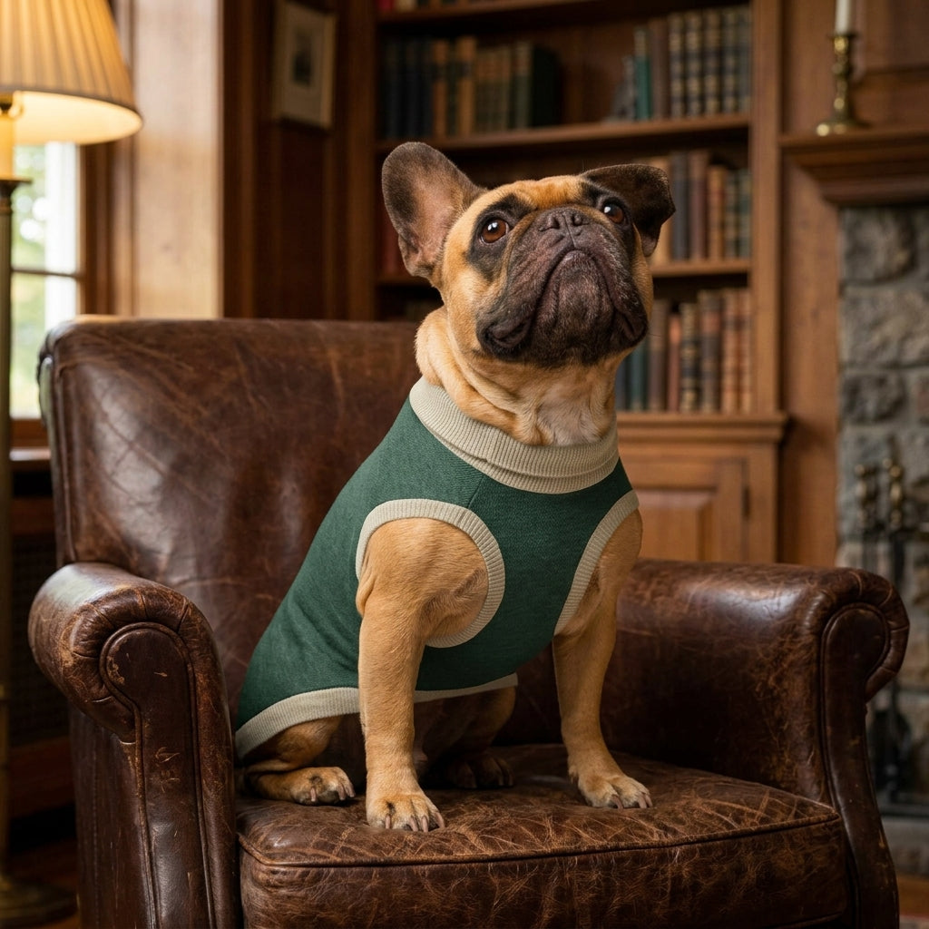French Bulldog wearing a forest green and beige knitted dog sweater on a vintage armchair in a cozy country club library