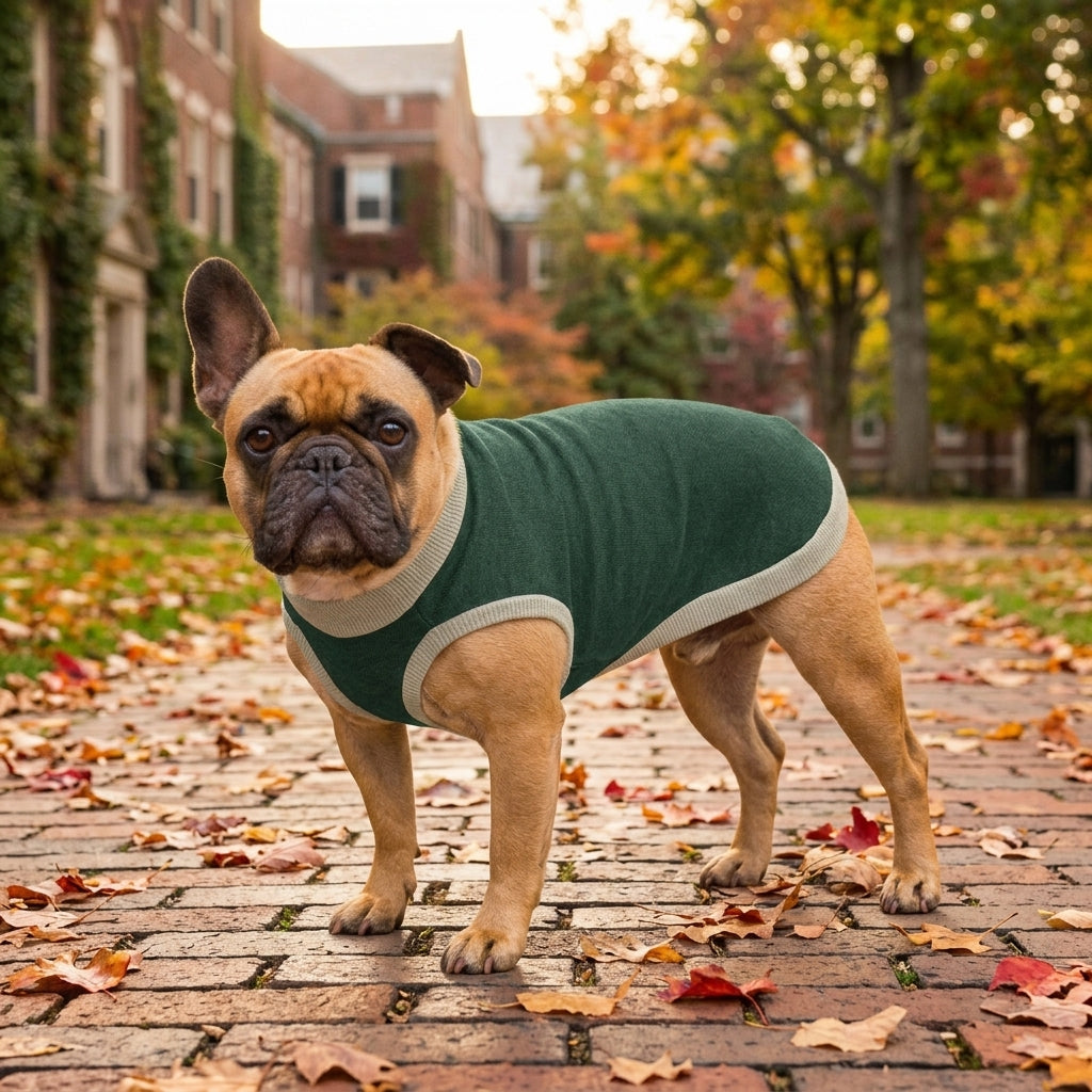 French Bulldog wearing a forest green and beige knitted dog sweater on an autumn brick path with college buildings in background