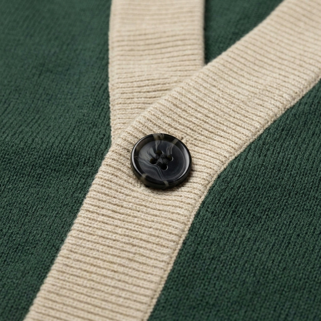 Macro detail of soft fine-gauge knit texture and marble button