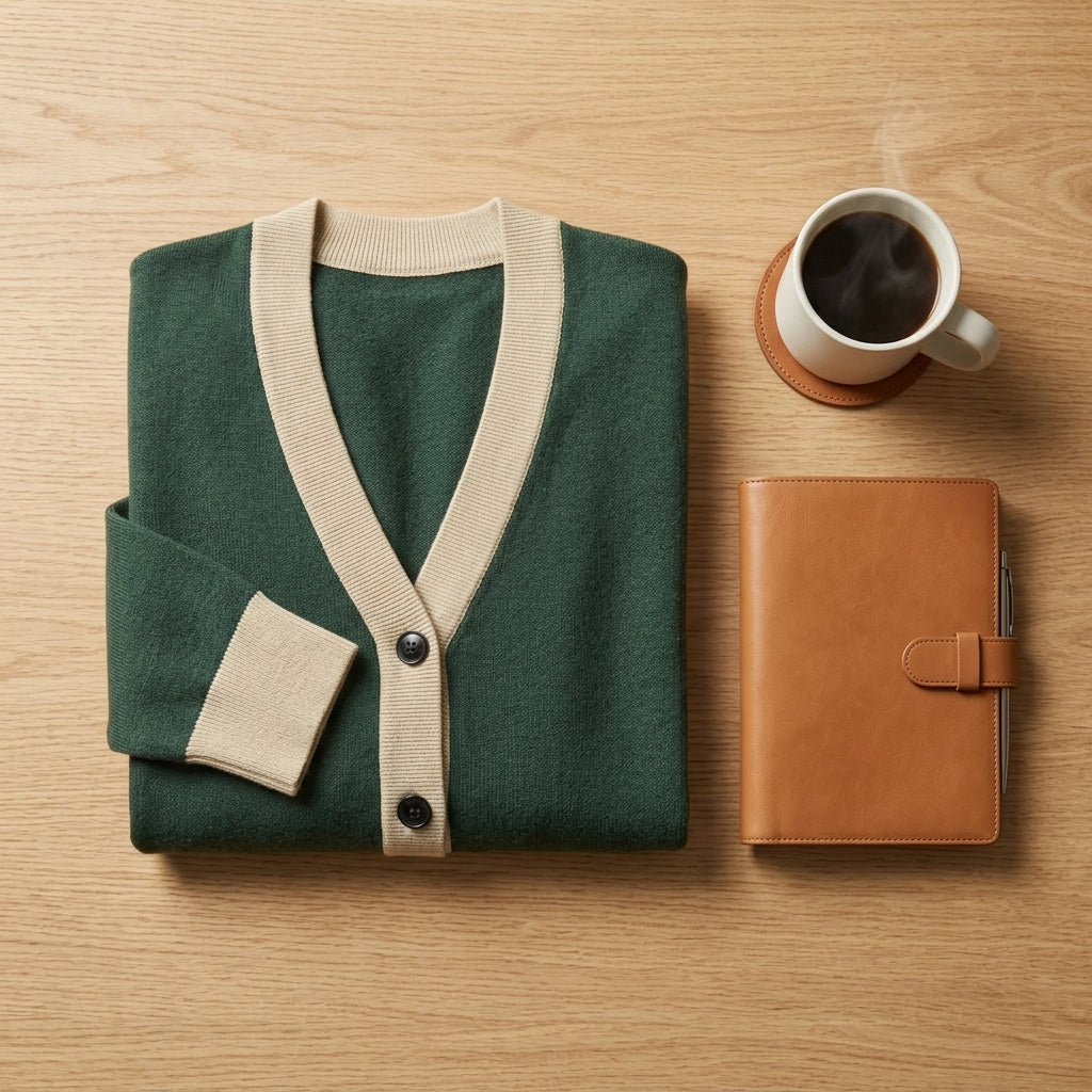 Cozy flat-lay arrangement of knitted cardigan and study accessories