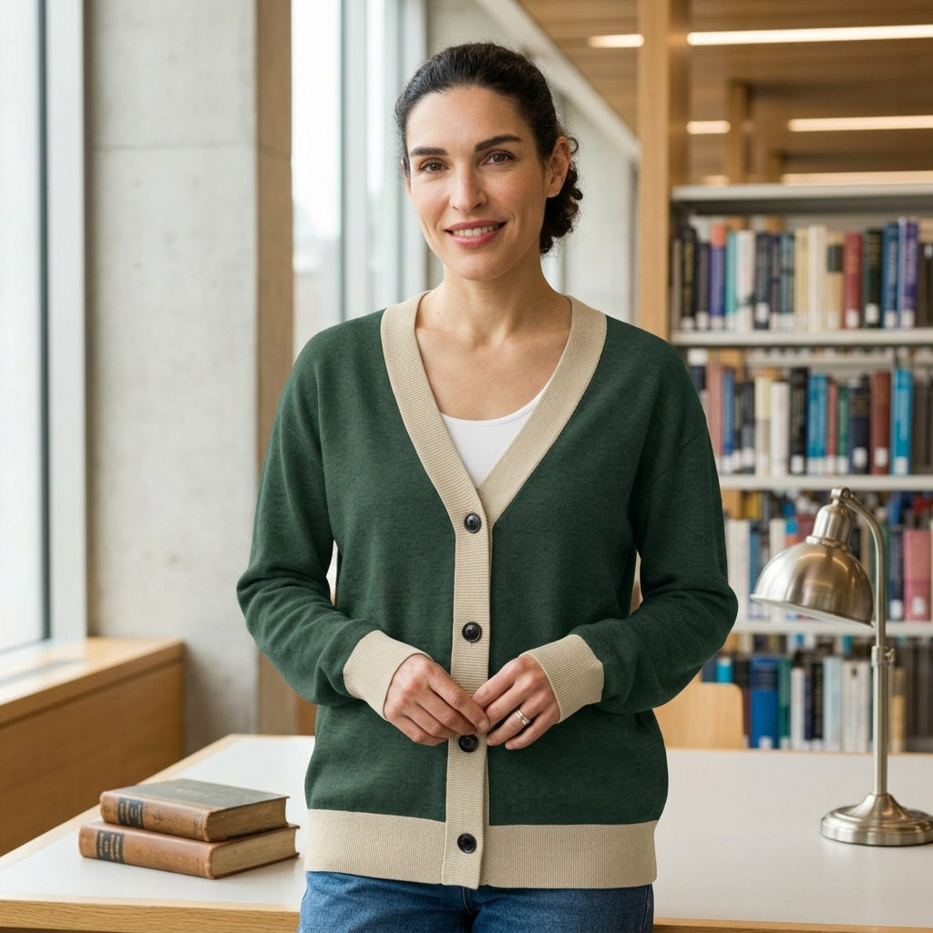 Model wearing Classic Knitted Cardigan in modern library