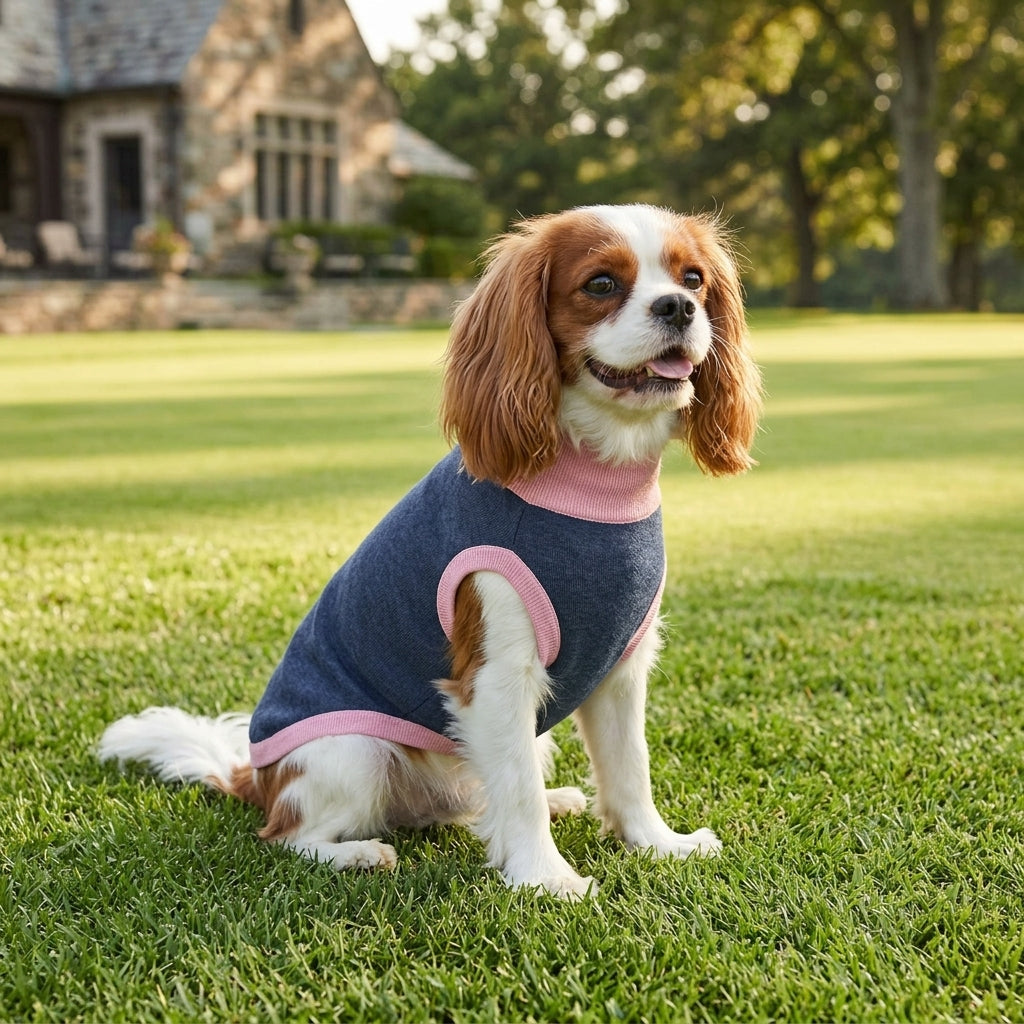 Public Pups Classic Knitted Dog Sweater in Blue and Pink worn outdoors