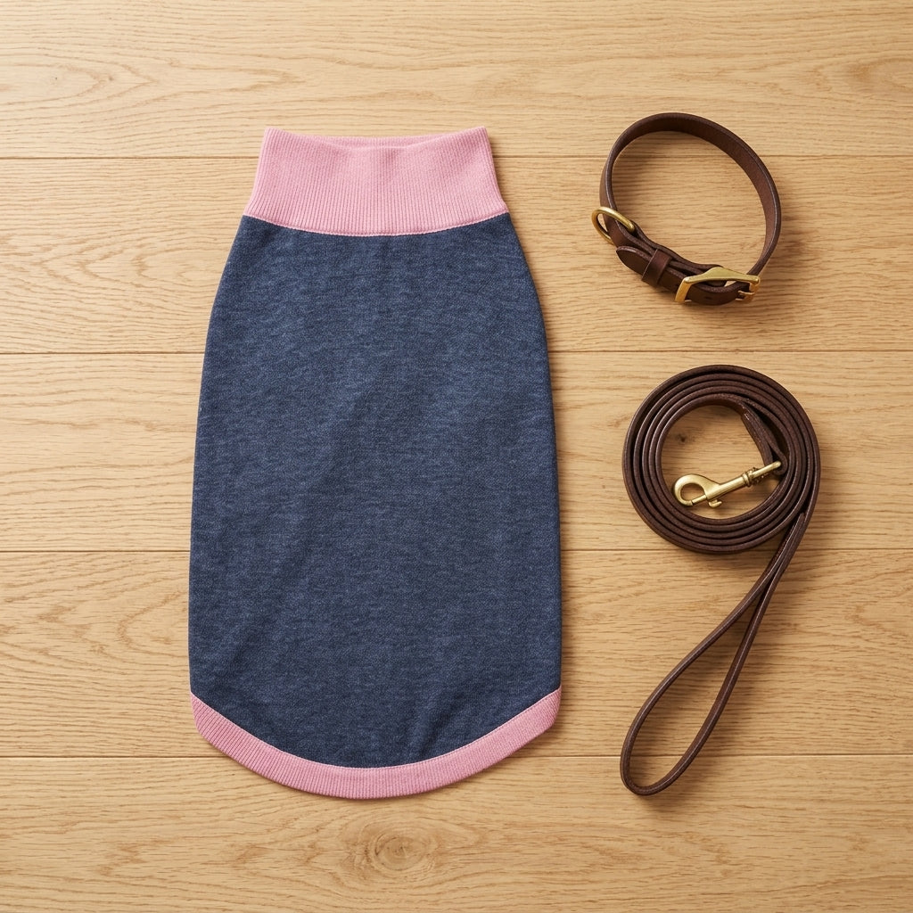 Public Pups Classic Knitted Dog Sweater flat lay with accessories