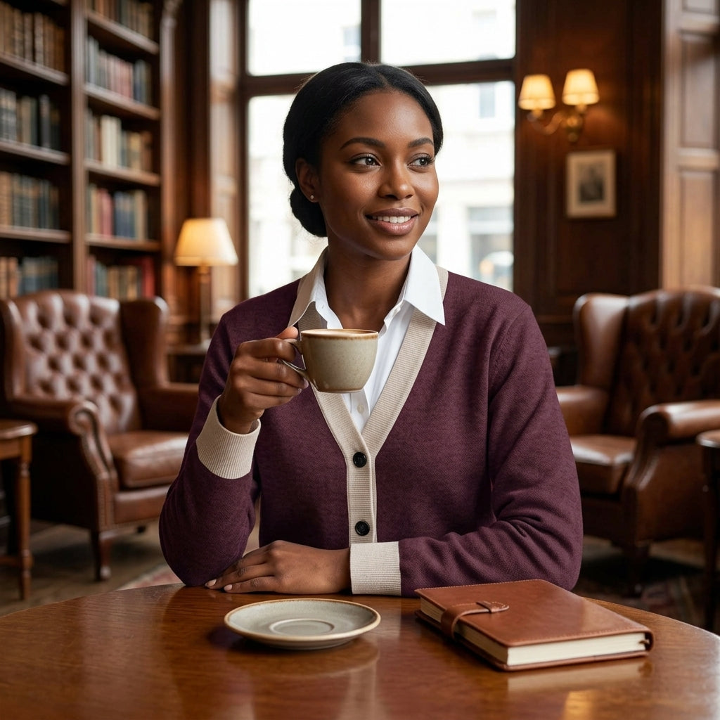 Public Prep Classic Knitted Cardigan in Maroon and Beige on African American model in library cafe