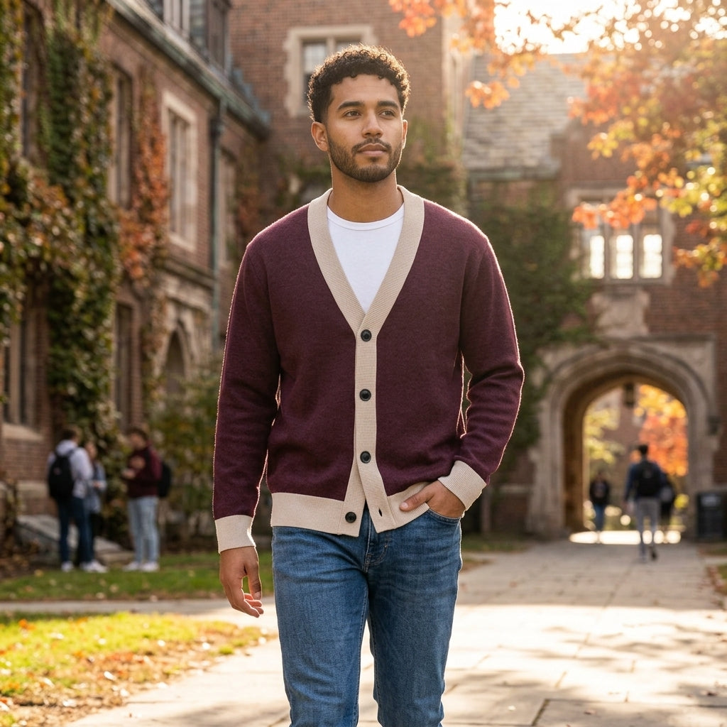 Public Prep Classic Knitted Cardigan in Maroon and Beige on Latino model on collegiate campus