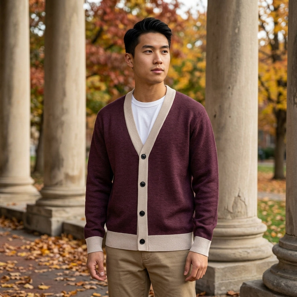 Public Prep Classic Knitted Cardigan in Maroon and Beige on Asian model outdoors by collegiate columns