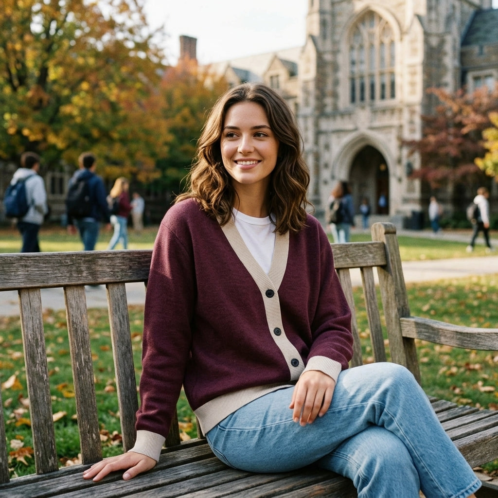Public Prep Classic Knitted Cardigan in Maroon and Beige on White model on autumn campus bench