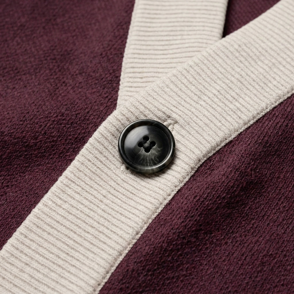 Public Prep Classic Knitted Cardigan in Maroon and Beige jacquard knit detail close-up