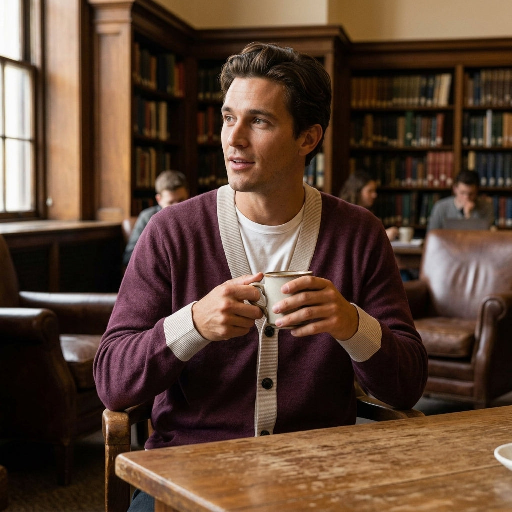 Public Prep Classic Knitted Cardigan in Maroon and Beige on model in academic library cafe